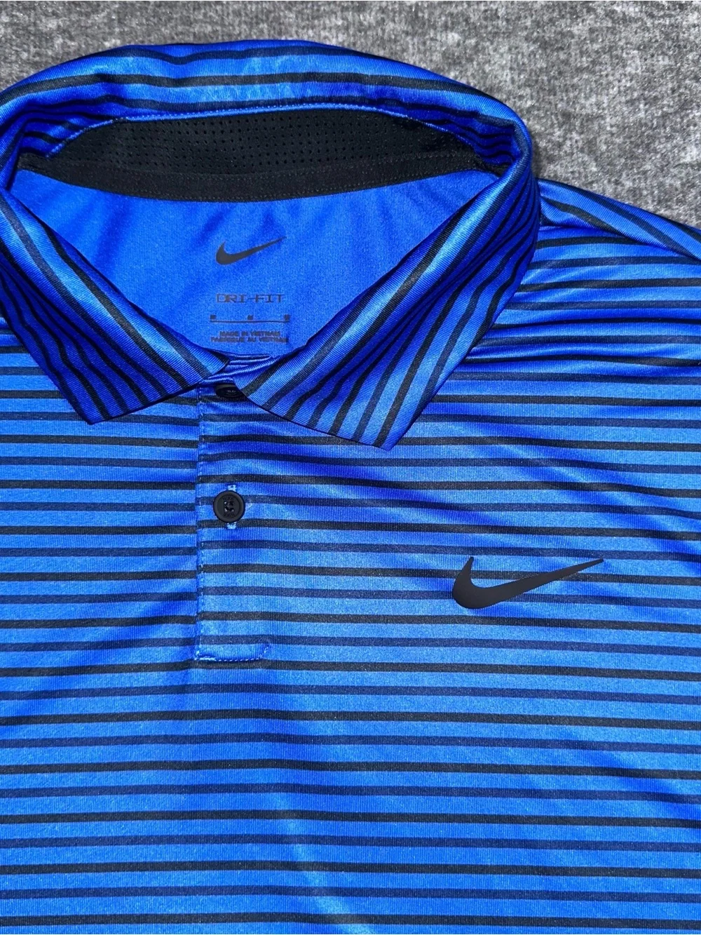 Nike Dri Fit Blue Black Striped Golf Polo Shirt Mens Medium Athletic